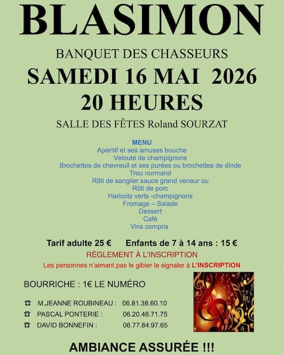 Les inscriptions sont ouvertes pour le Banquet annuel des chasseurs du samedi 16 mai à 20h00 à la salle des fêtes – ACCA