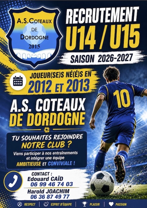 AS Coteaux de Dordogne – Recrutement U14 / U15 – Programme de reprise & planning des entrainements AS Coteaux de Dordogne – Recrutement U14 / U15 – Programme de reprise & planning des entrainements