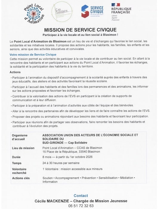 Mission de service civique au CCAS de Blasimon Mission de service civique au CCAS de Blasimon