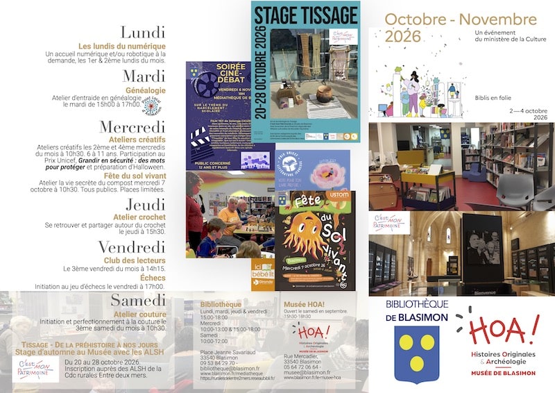 Atelier créatif mercredi 14 octobre – Programme des activités de la bibliothèque et du musée de Blasimon en octobre Atelier créatif mercredi 14 octobre – Programme des activités de la bibliothèque et du musée de Blasimon en octobre