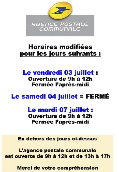 Modification des horaires d&rsquo;ouverture de l&rsquo;agence postale les 3, 4 & 7 juillet 2026