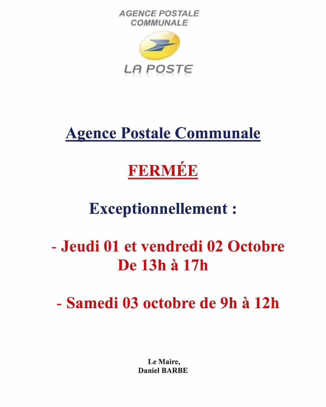 Fermeture de l’agence postale du 1er au 3 octobre 2026 Fermeture de l’agence postale du 1er au 3 octobre 2026
