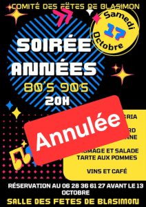 Annulation – Soirée années 80/90 du Comité des fêtes samedi 17 octobre 2026