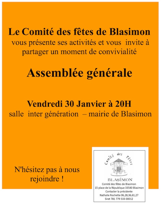 Assemblée générale du Comité des fêtes de Blasimon vendredi 30 janvier 2026, salle intergénérations