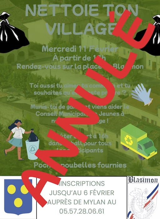 Annulation – Nettoie ton village mercredi 11 février 2026 – Conseil municipal des jeunes de Blasimon