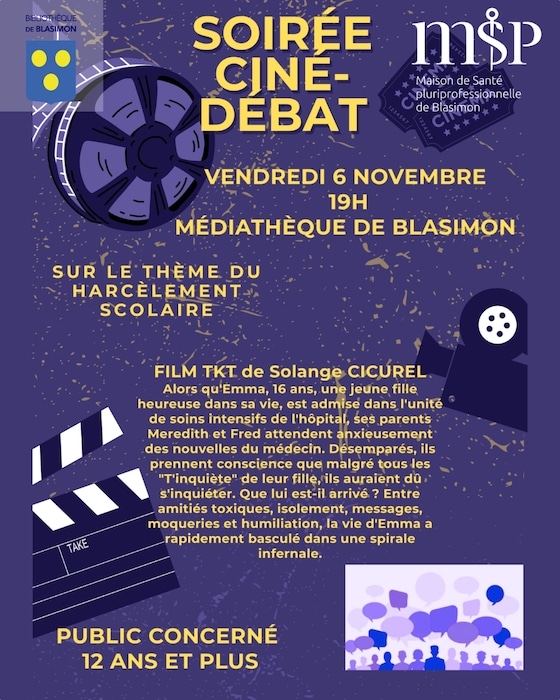 Soirée ciné-débat sur le harcèlement scolaire organisée par la Maison de santé à la bibliothèque de Blasimon vendredi 6 novembre 2026 Soirée ciné-débat sur le harcèlement scolaire organisée par la Maison de santé à la bibliothèque de Blasimon vendredi 6 novembre 2026