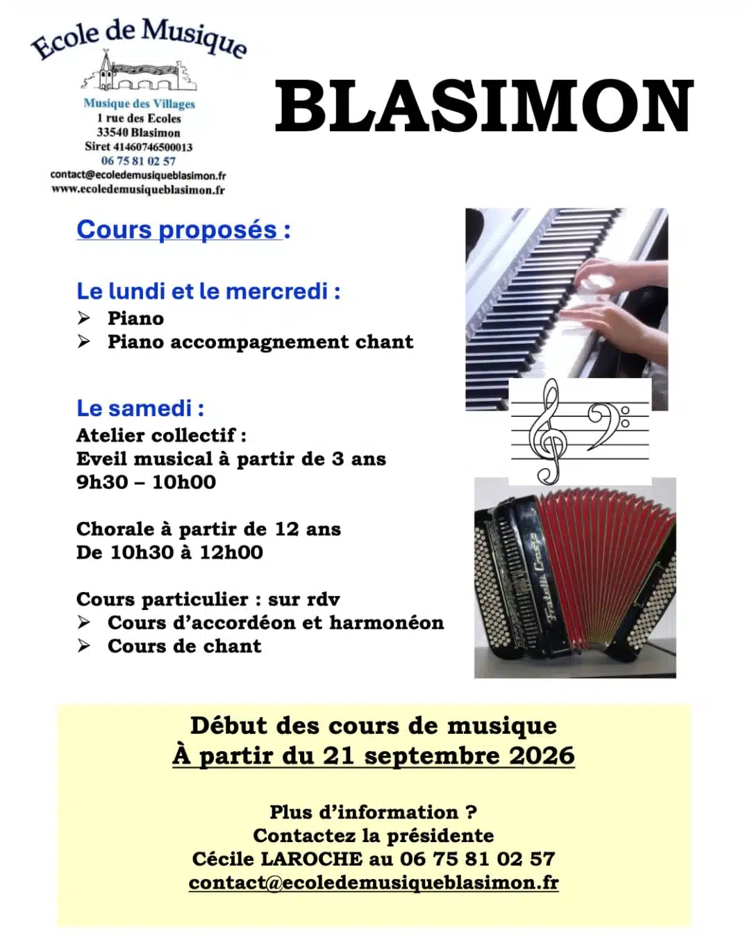 Rentrée de l’école de musique de Blasimon, les inscriptions sont ouvertes – Début des cours lundi 21 septembre Rentrée de l’école de musique de Blasimon, les inscriptions sont ouvertes – Début des cours lundi 21 septembre