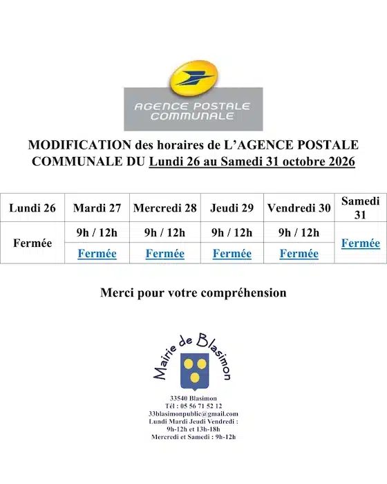 Agence postale communale : Horaires exceptionnels du 26 au 31 octobre – Fermeture de la Mairie et de l&rsquo;agence postale le samedi 31 octobre 2026