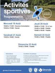 Programme des activités sportives au Lac de Blasimon du 19 au 23 août 2026