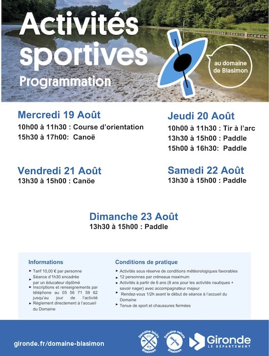 Programme des activités sportives au Lac de Blasimon du 19 au 23 août 2026 Programme des activités sportives au Lac de Blasimon du 19 au 23 août 2026