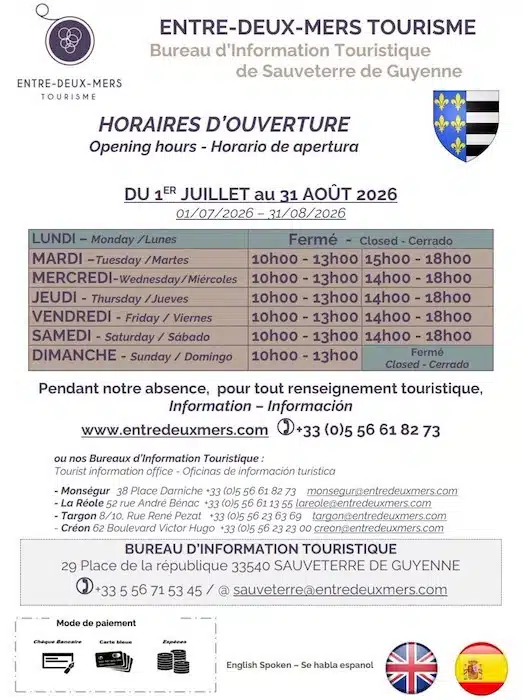 Horaires du bureau d’information touristique de Sauveterre de Guyenne – Entre deux mers tourisme Horaires du bureau d’information touristique de Sauveterre de Guyenne – Entre deux mers tourisme