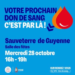 Don du sang, collecte sur rendez-vous à Sauveterre de Guyenne mercredi 28 octobre 2026 de 16h00 à 19h00