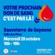 Don du sang, collecte sur rendez-vous à Sauveterre de Guyenne mercredi 28 octobre 2026 de 16h00 à 19h00 Don du sang, collecte sur rendez-vous à Sauveterre de Guyenne mercredi 28 octobre 2026 de 16h00 à 19h00