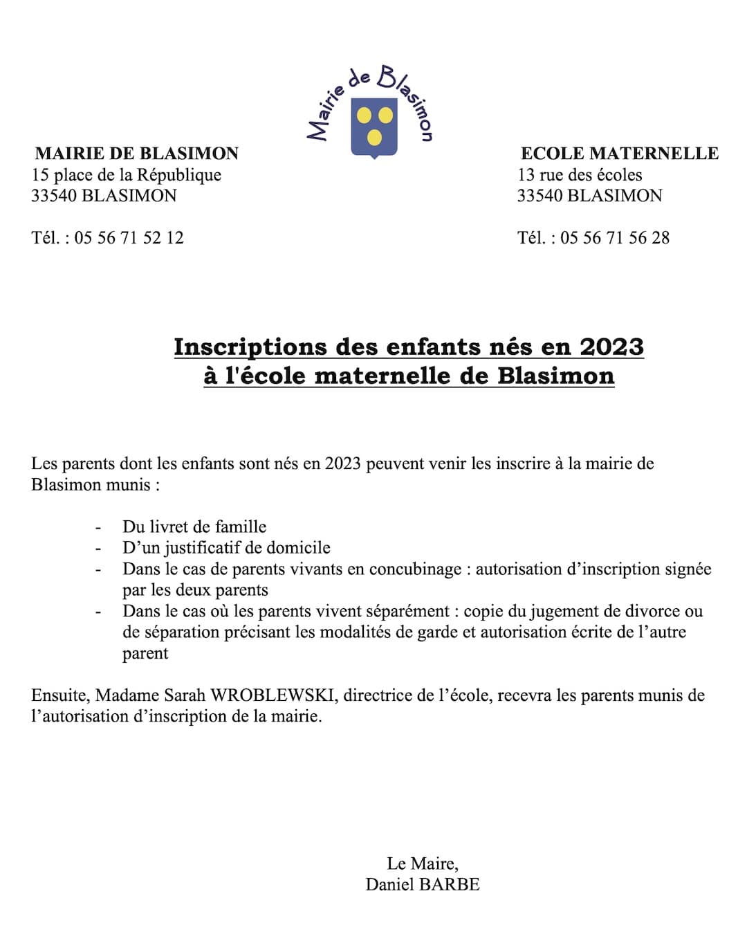 Inscriptions à l&rsquo;école maternelle de Blasimon des enfants nés en 2023