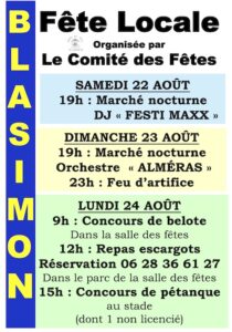 Programme de la Fête locale de Blasimon les samedi 22, dimanche 23 et lundi 24 août 2026