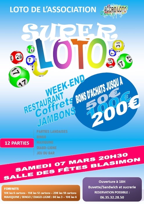 Super Loto samedi 7 mars à la salle des fêtes de Blasimon