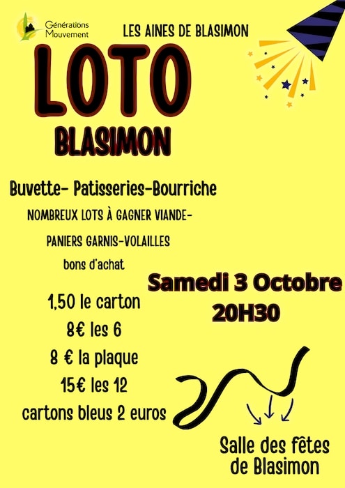 Loto des Aînés Ruraux de Blasimon samedi 3 octobre 2026 Loto des Aînés Ruraux de Blasimon samedi 3 octobre 2026