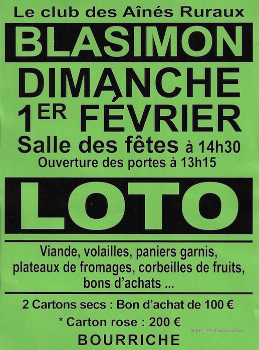 Loto des Aînés Ruraux de Blasimon dimanche 1er février 2026