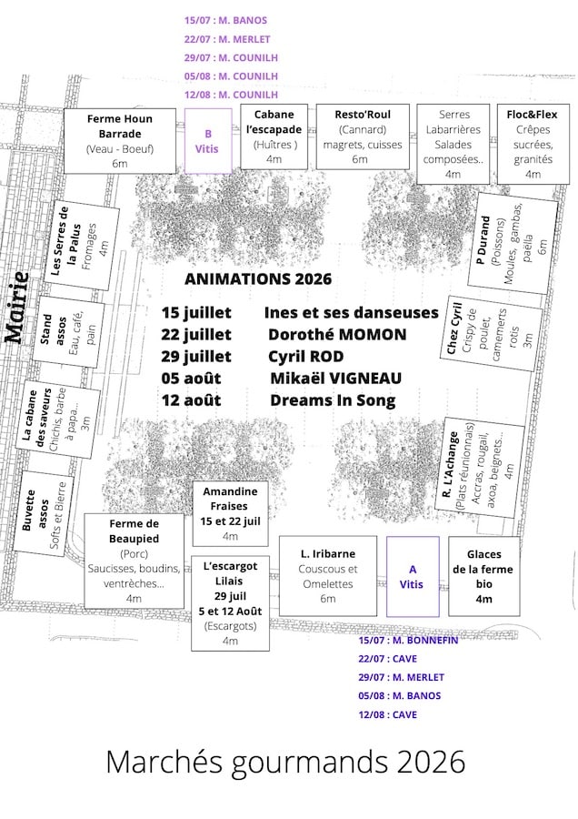 Implantation des Marchés gourmands de Blasimon 2026 Implantation des Marchés gourmands de Blasimon 2026