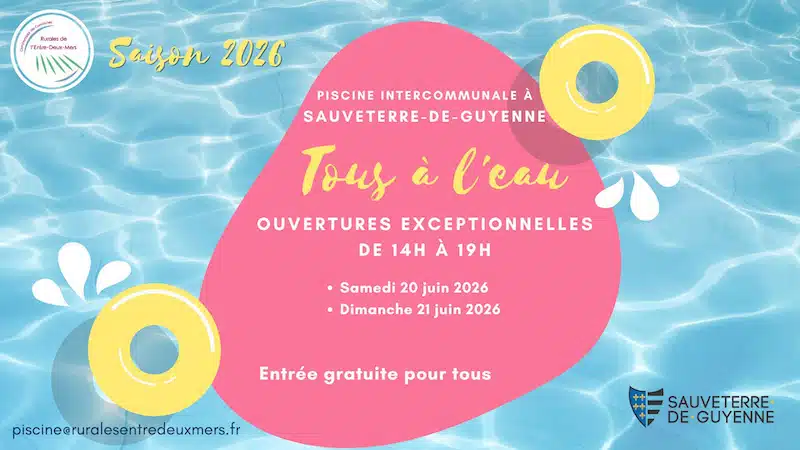 Ouverture de la piscine intercommunale de Sauveterre de Guyenne samedi 4 juillet 2026 – Cdc Rurales Entre deux mers – actualité Ouverture de la piscine intercommunale de Sauveterre de Guyenne samedi 4 juillet 2026 – Cdc Rurales Entre deux mers – actualité