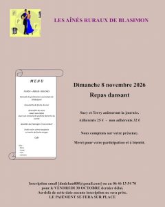 Repas dansant des Aînés ruraux dimanche 8 novembre 2026